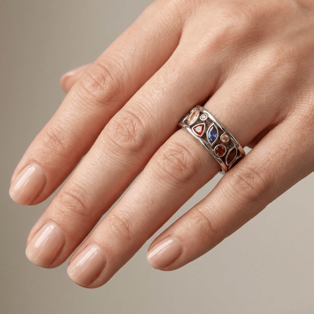 Anel Rainbow com várias pedras coloridas em prata da marca Rose & Oliver, exibido na imagem.
