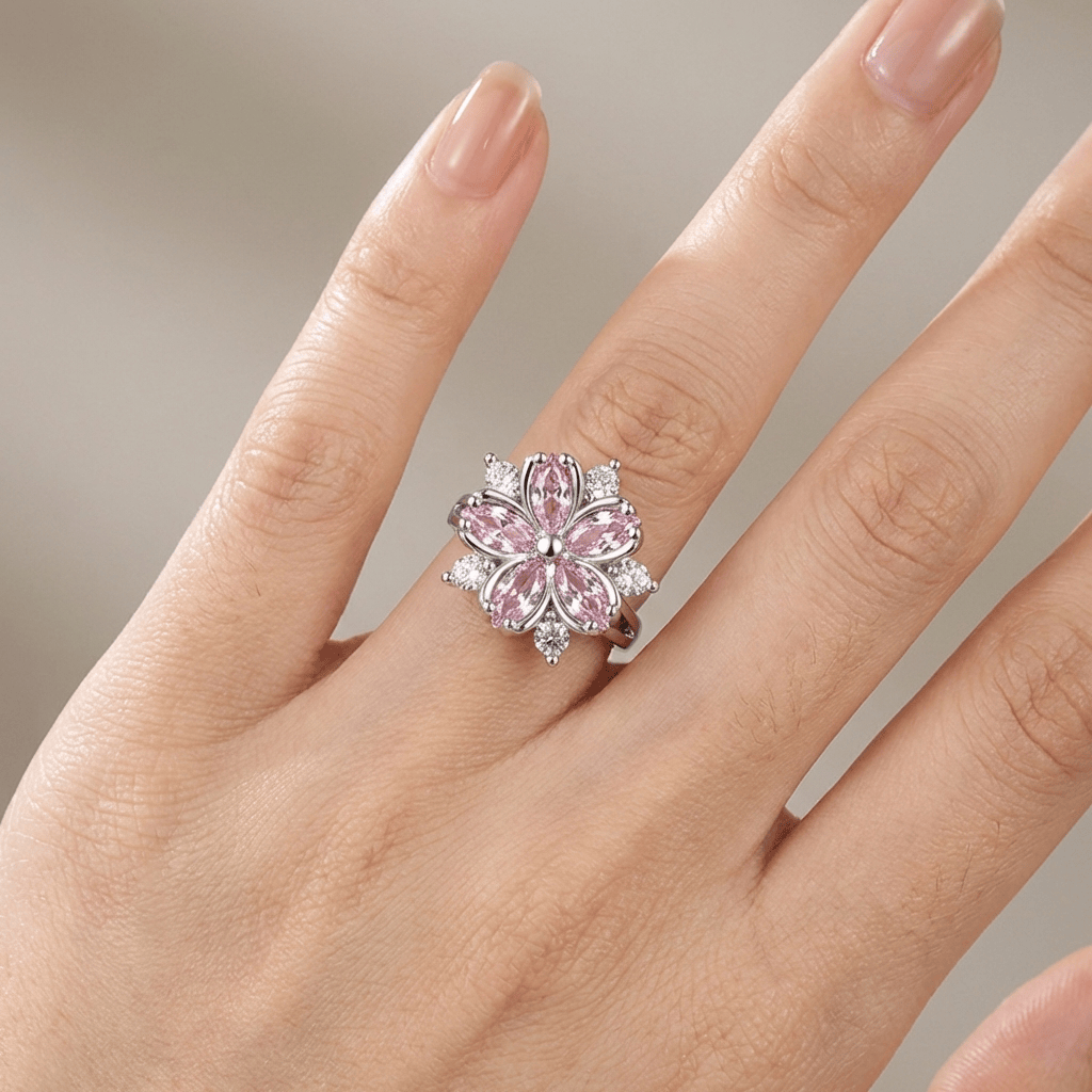 Anillo ajustable en plata con cristal rosa y detalles de cerezo en estilo delicado, de la marca Rose & Oliver.