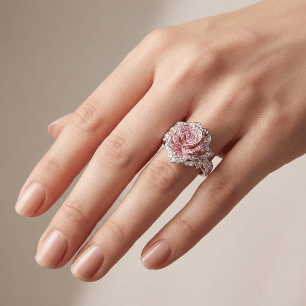 Anillo Rose Nostalgia de Rose & Oliver con detalles delicados en plata y acabado rosé, ideal para ocasiones especiales.