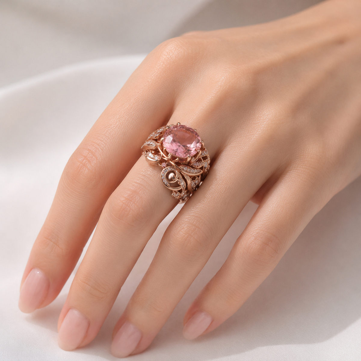 Anillo de Oro Rosa con Turmalina Ornate, de la marca Rose & Oliver, con detalles decorativos y acabado elegante.