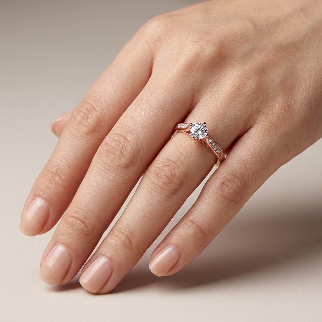 Anel clássico redondo com zircônia em acabamento rose gold da Rose & Oliver, detalhe de zircônias brilhantes na peça.