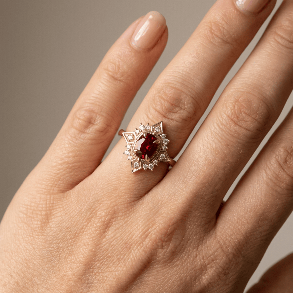 Anel vintage Rose & Oliver com ouro, rubi vermelho central e detalhes em diamantes, design clássico e elegante.
