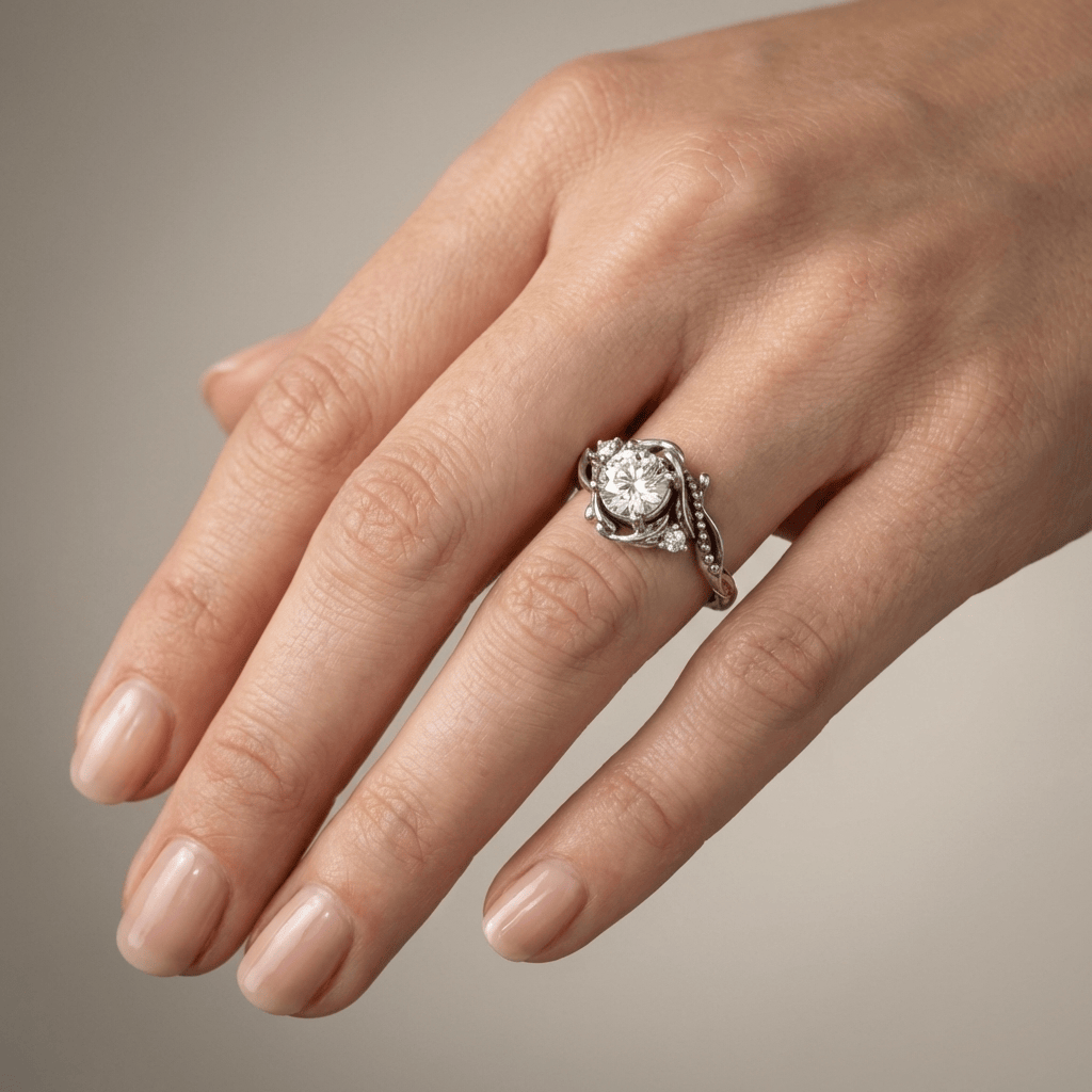 Anillo vintage plateado con diamantes ornamentales, detallado y elegante, de la marca Rose & Oliver.