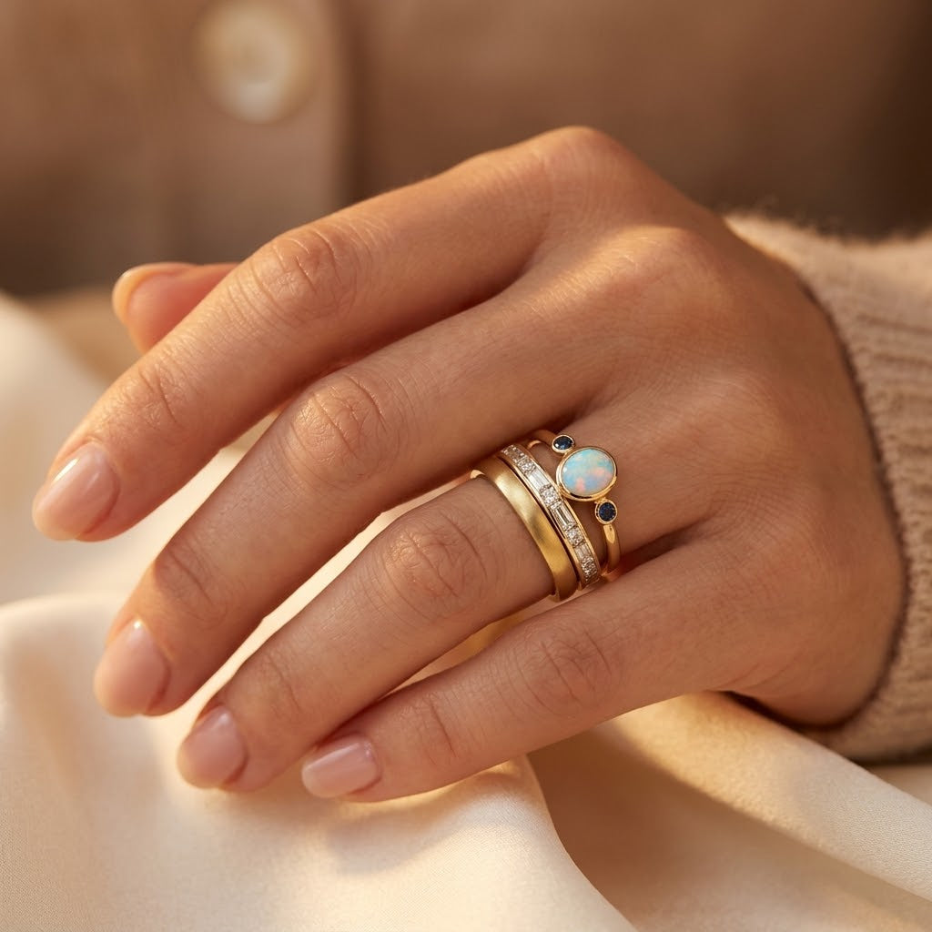 Conjunto de anéis empilhados com bezel dourados da coleção Rose & Oliver, mostrados em close com detalhes brilhantes e acabamento polido.
