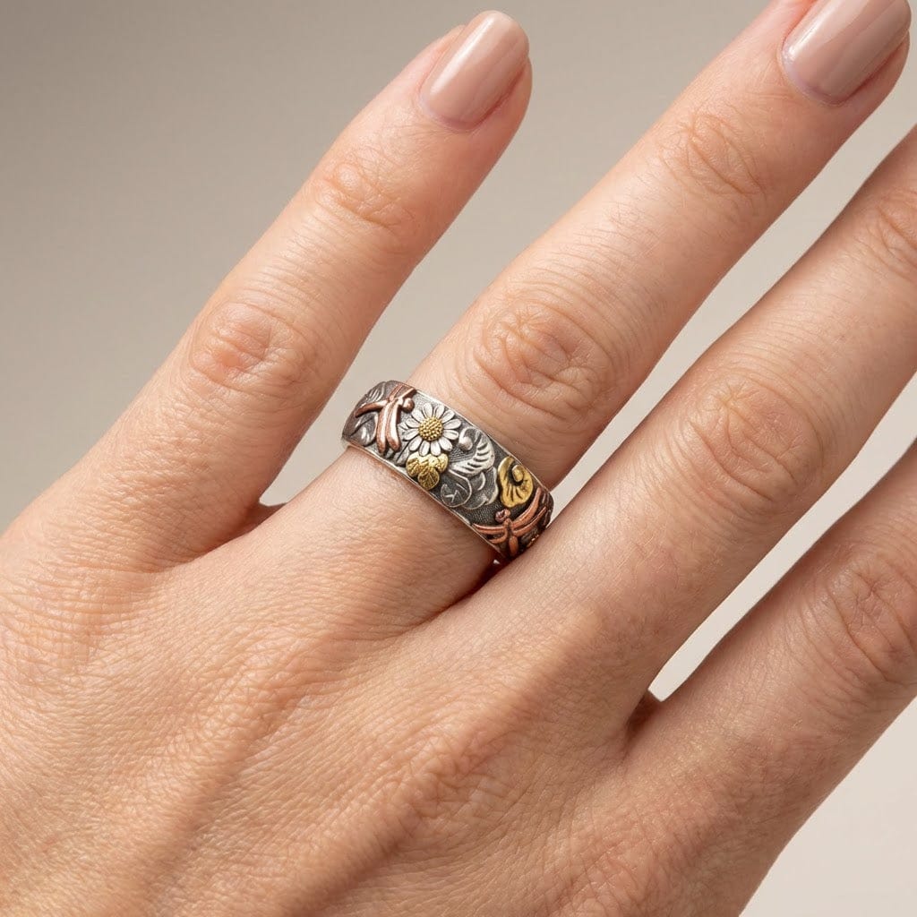 Anillo vintage de plata con libélula y girasol hecho a mano, detalle delicado y artesanía de la marca Rose & Oliver.