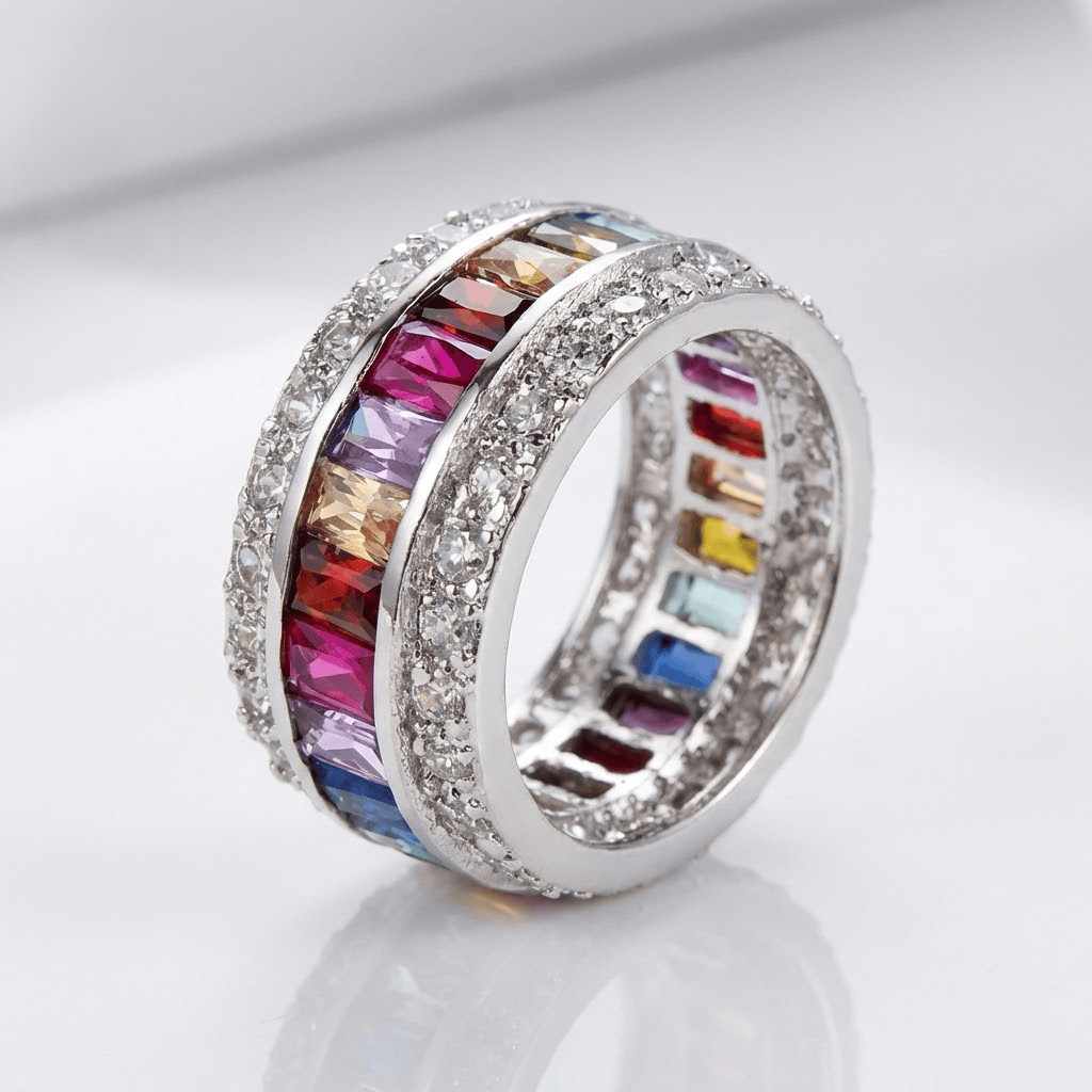 Anillo de plata con una franja de piedras coloridas en forma de arcoíris, de la marca Rose & Oliver, con detalles brillantes y acabado elegante.