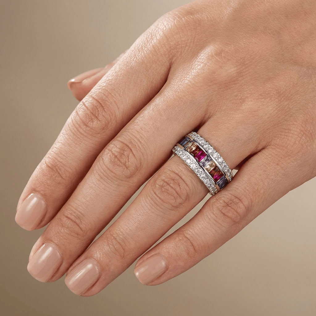 Anillo de plata Rainbow con piedras preciosas coloridas, diseño elegante de la marca Rose & Oliver.