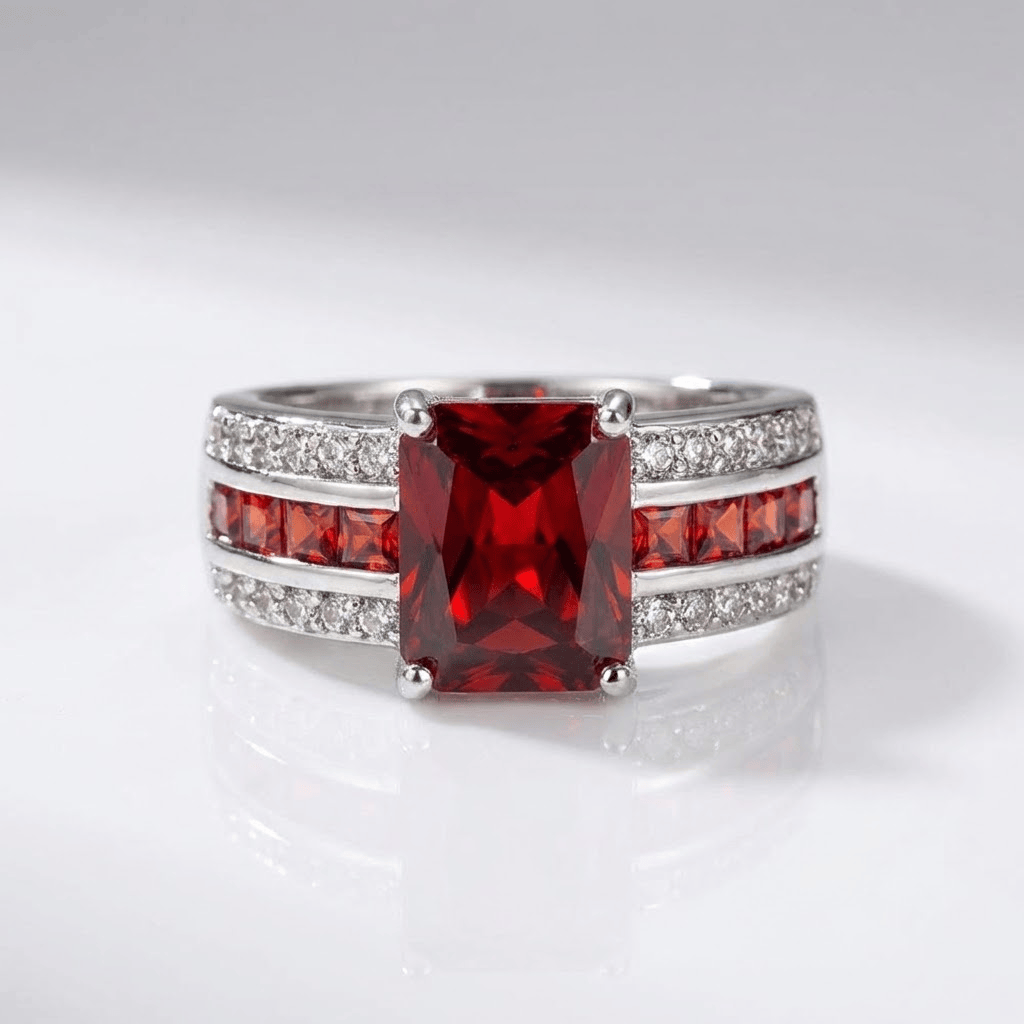 Anel vintage de pedra preciosa Rose & Oliver com detalhes clássicos e acabamento elegante, destaque para a pedra central brilhante.