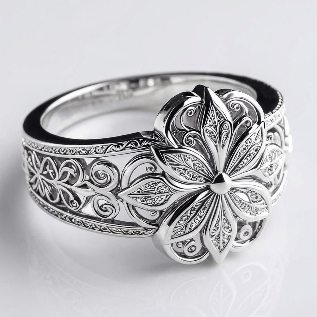 Anillo de plata con flor de circonita de Rose & Oliver, detalles delicados con acabado brillante y diseño elegante.