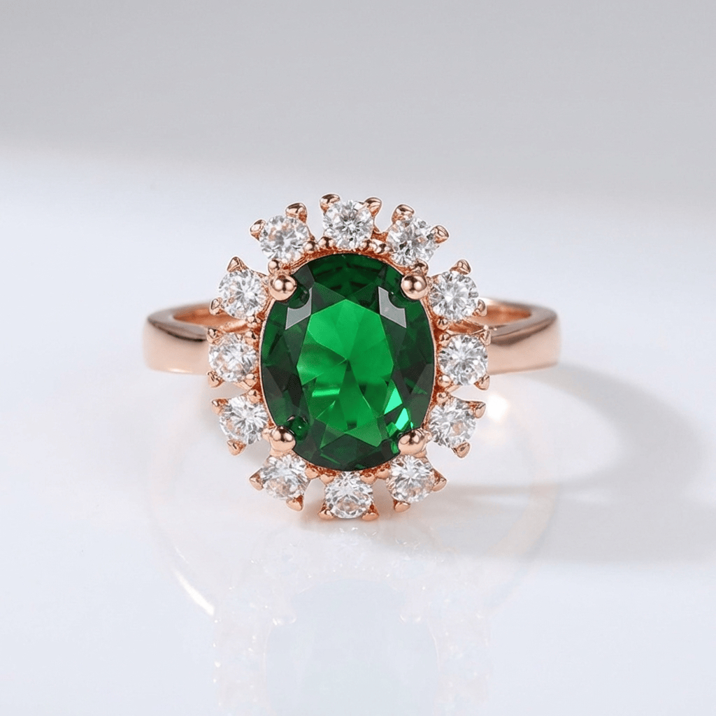 Anillo ajustable Rose Gold con diamantes y esmeraldas, diseño halo elegante de la marca Rose & Oliver.