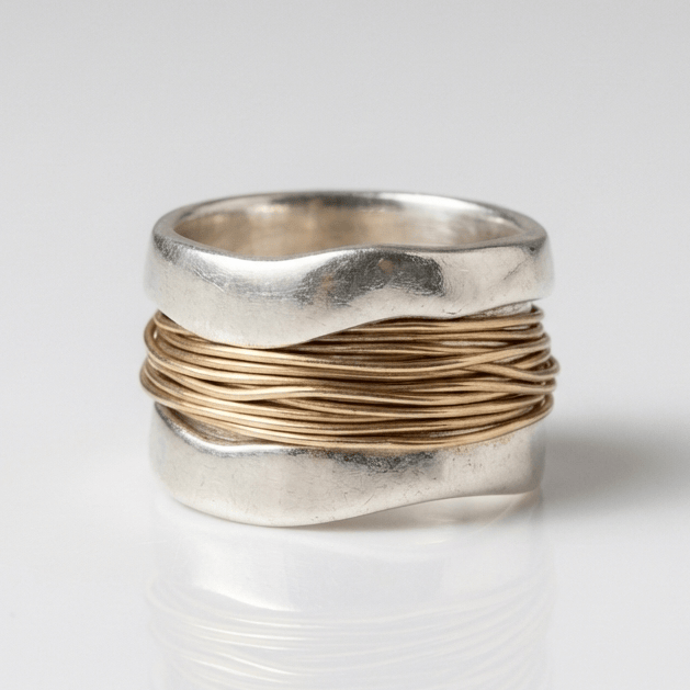 Anillo artesanal de plata y oro con bandas entrelazadas, creado por la marca Rose & Oliver, mostrado sobre un fondo neutro