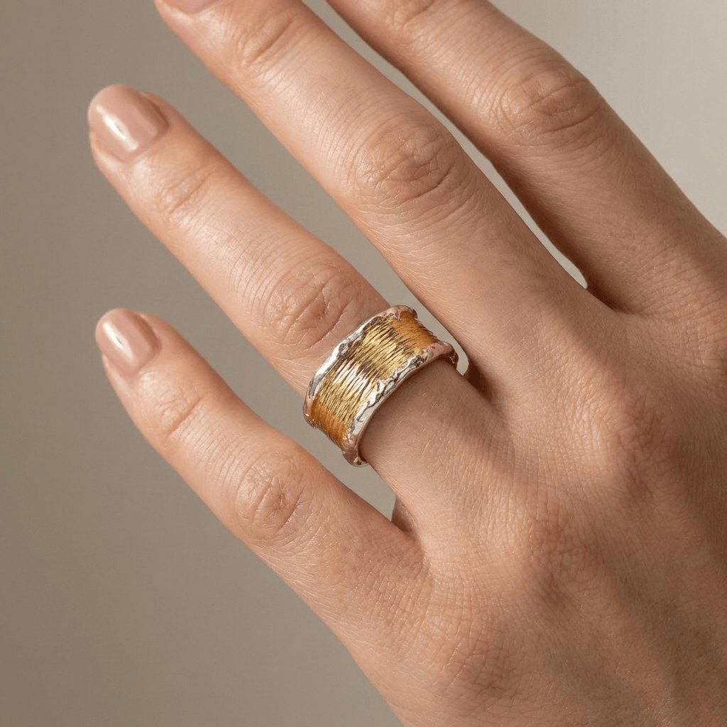 Anillo ajustable artesanal de dos tonos de oro y plata de Rose & Oliver, con acabado elegante y diseño moderno.