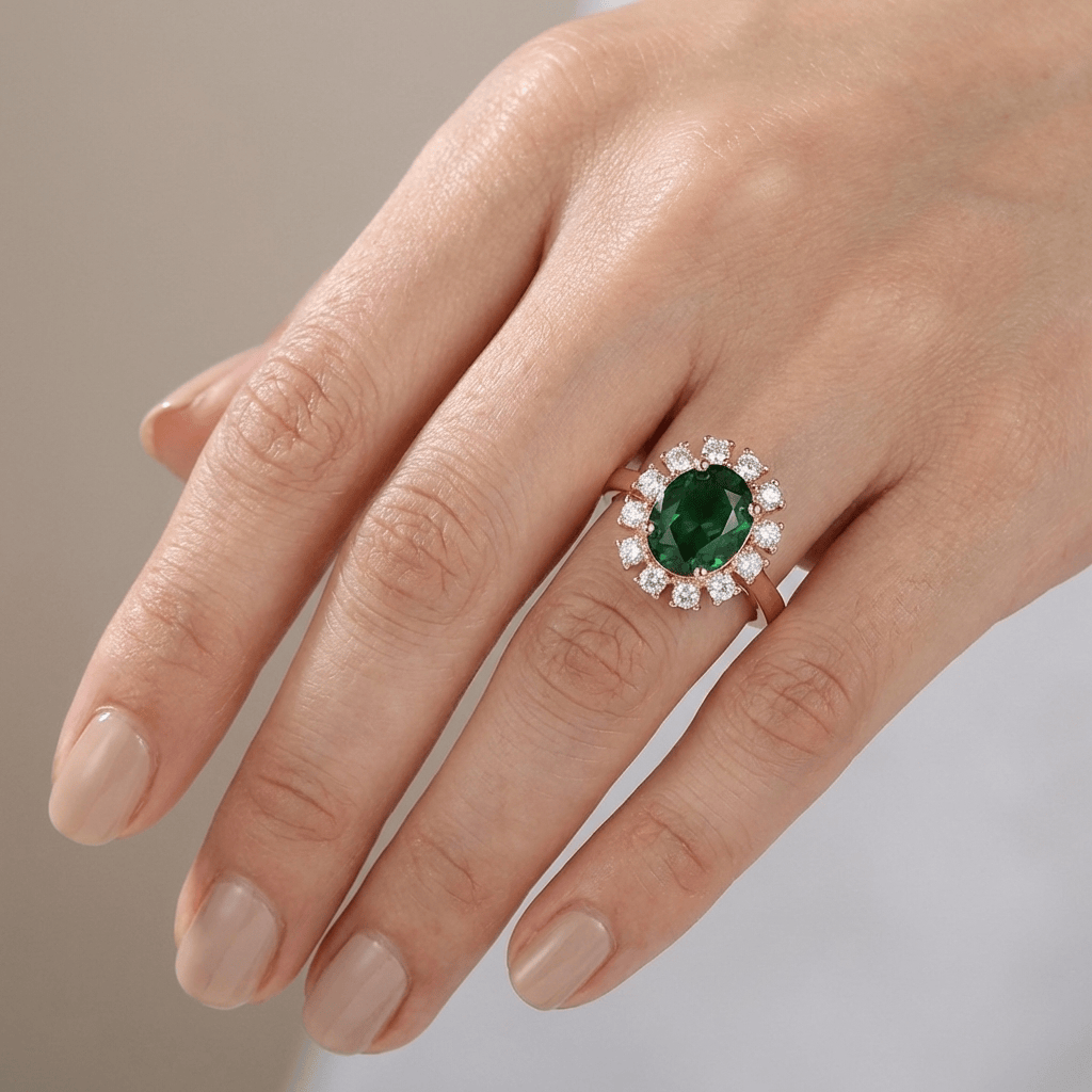 Anillo de oro rosa con diamantes y esmeraldas en halo, ajustable, de la marca Rose & Oliver, detalle de joya elegante y sofisticada.