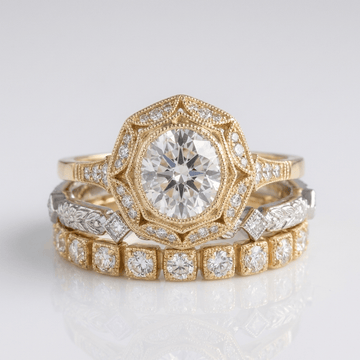 Anel oval de ouro com filigrana e diamantes, da marca Rose & Oliver, com detalhes delicados e acabamento refinado.