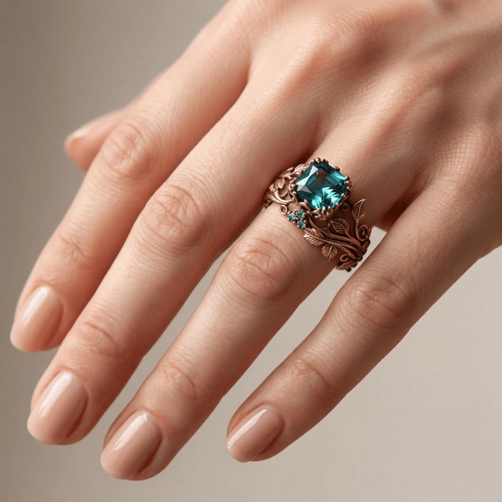 Anillo Rose Gold Enchanted Forest Rose & Oliver con detalles florales y acabado brillante en ouro rosé.