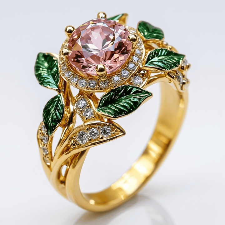 Anel dourado Rose & Oliver Garden Encantado com detalhes florais e acabamento brilhante, ideal para acessórios elegantes.