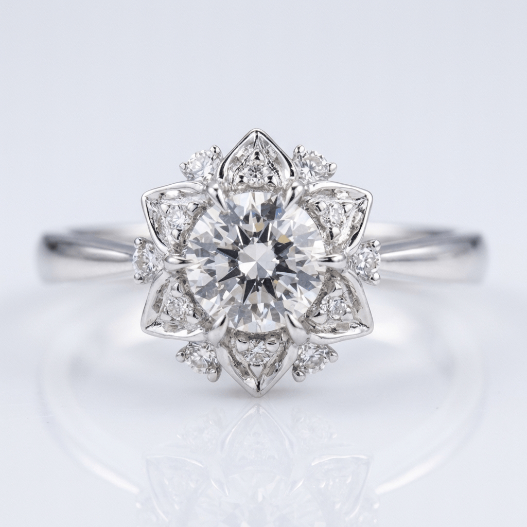 Anel de prata com zircônia em forma de lótus, da marca Rose & Oliver, destacado em uma imagem nítida e elegante.