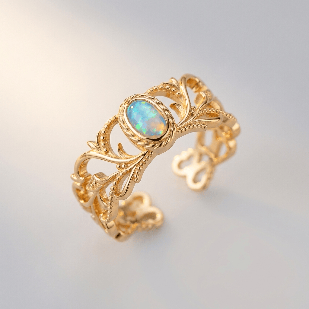 Anillo ajustable Rose Gold Opal Wings de Rose & Oliver, con detalles de alas celestiales y piedra de ópalo brillante.