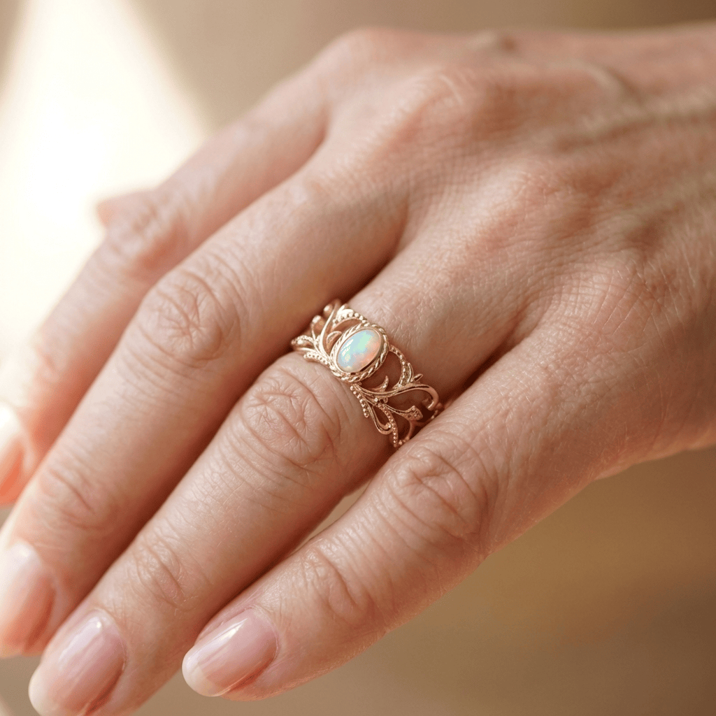 Anillo ajustable Rose Gold Opal Celestial Wings de Rose & Oliver con detalles de alas celestiales y piedra de ópalo brillante