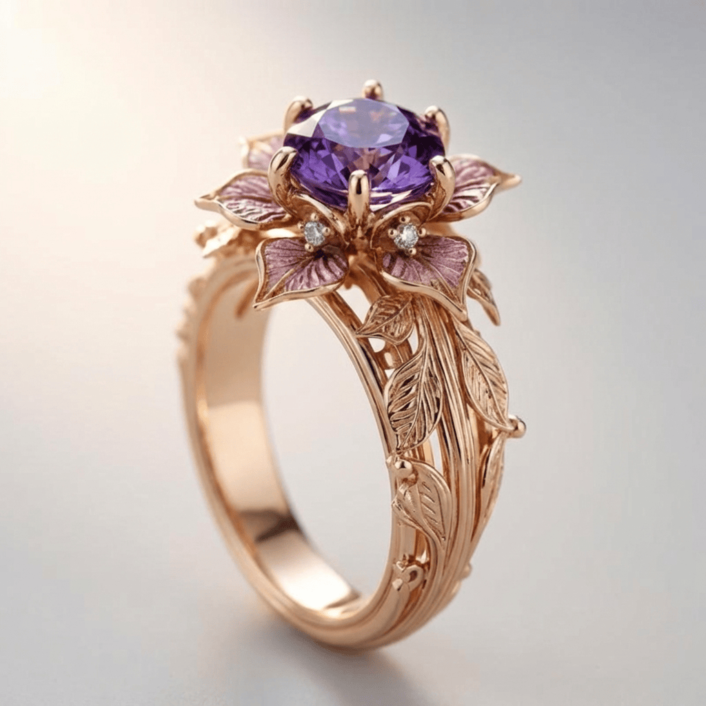 Anillo dorado morado con detalles florales de Rose & Oliver, con acabado brillante y diseño elegante.