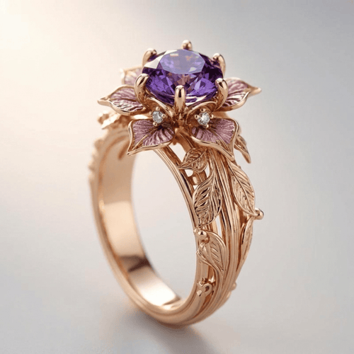 Anillo dorado morado con detalles florales de Rose & Oliver, con acabado brillante y diseño elegante.