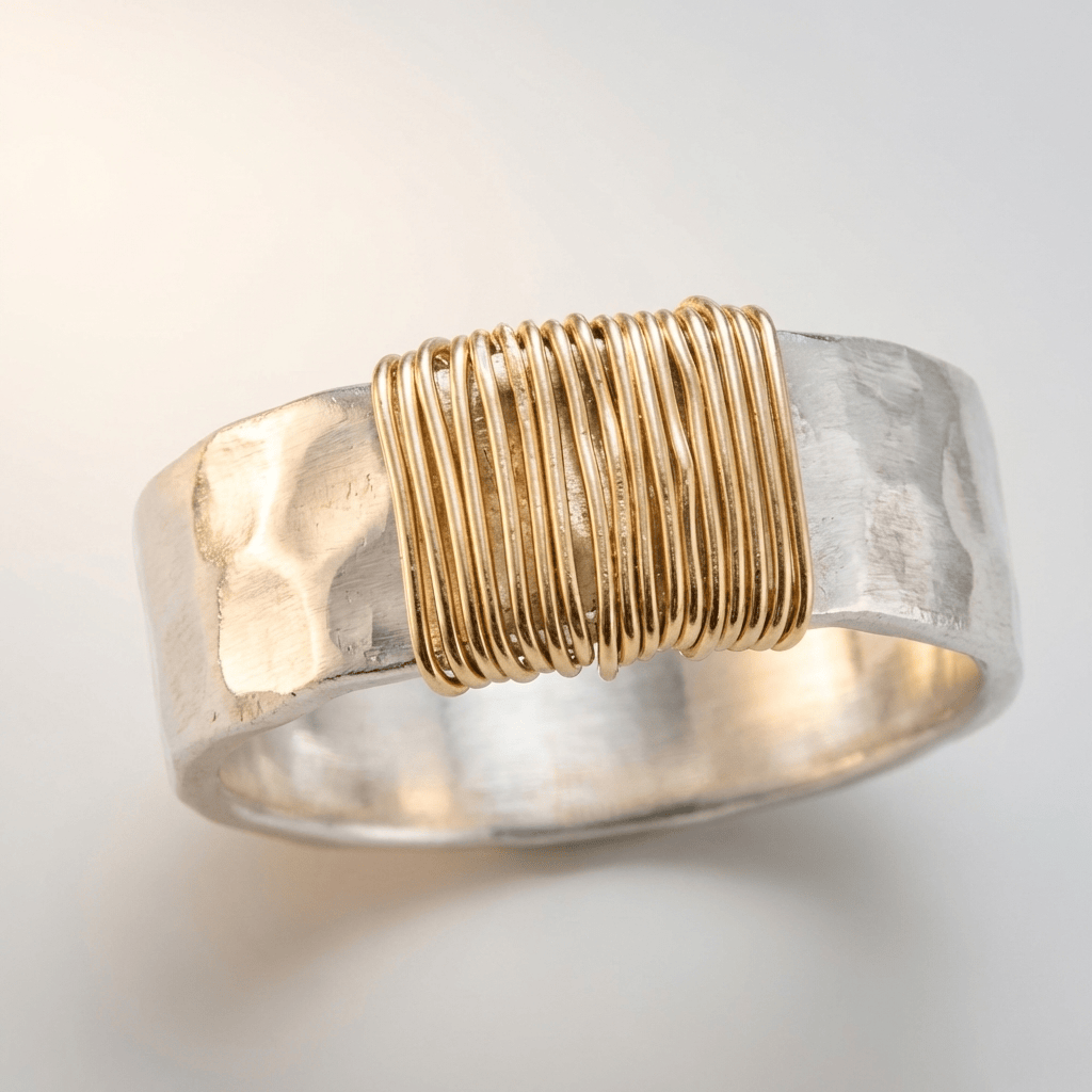 Anillo artesanal de plata con cordones enrollados, hecho por la marca Rose & Oliver, en primer plano con detalles visibles.