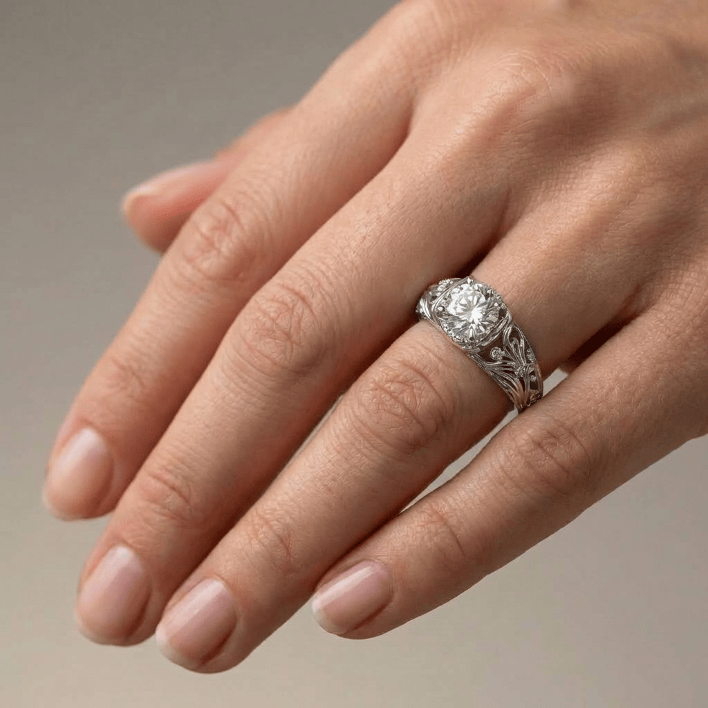 Anillo vintage plateado Rose & Oliver con diseño elegante, detalles clásicos y acabado brillante.