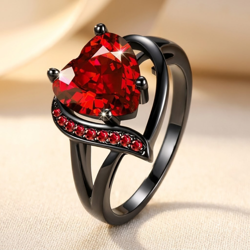 Anel de prata com coração de rubi, joia elegante da marca Rose & Oliver, com acabamento brilhante e design delicado.