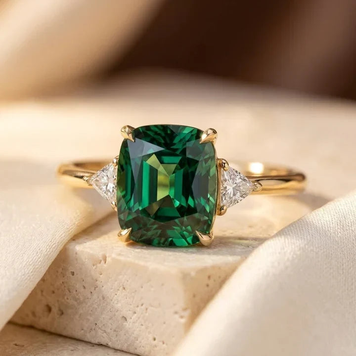 Anillo de oro cushion solitaire Rose & Oliver con piedra central brillante y diseño elegante, en fondo neutro.