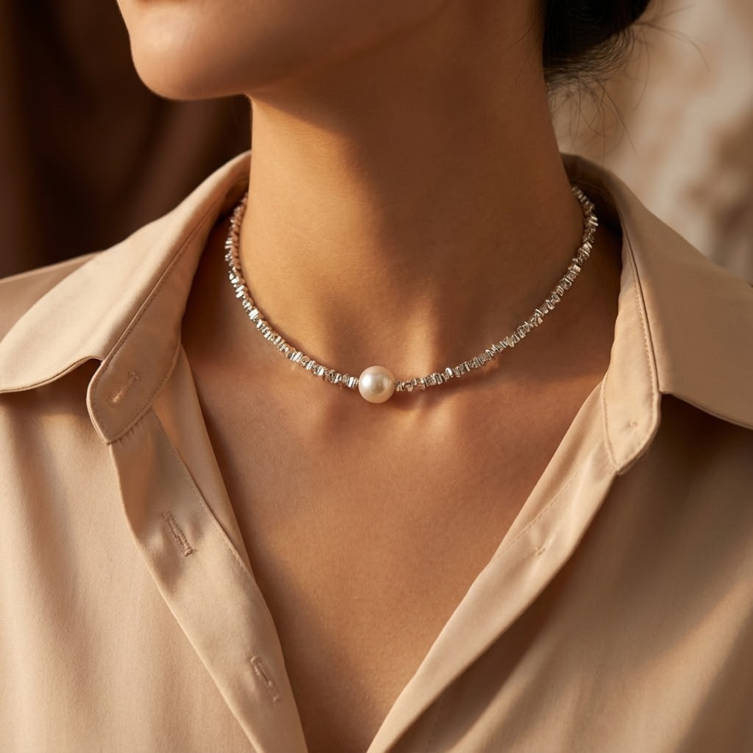 Colar choker minimalista de pérolas prateadas da Rose & Oliver, com design simples e elegante em imagem close-up.