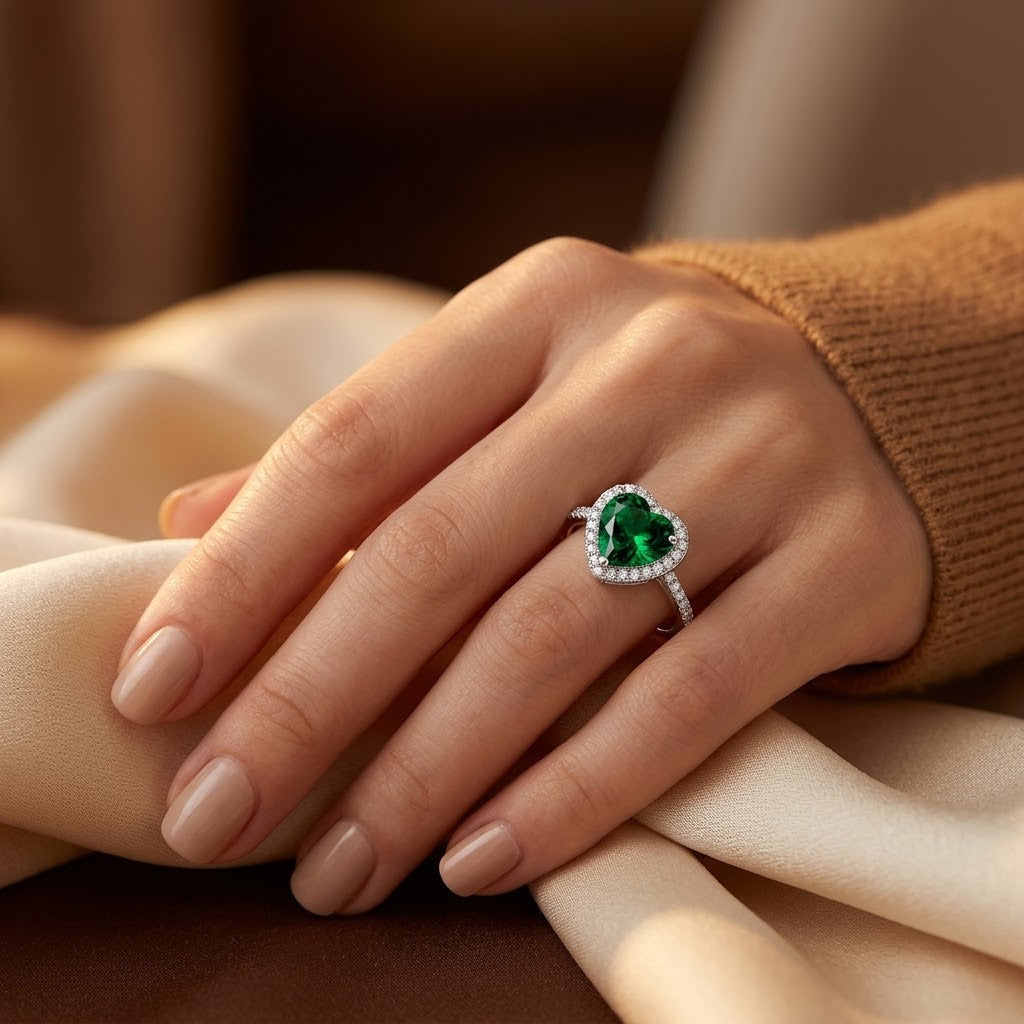 Anel de prata com coração de esmeralda e halo de diamantes, da marca Rose & Oliver, com detalhes delicados e acabamento brilhante.
