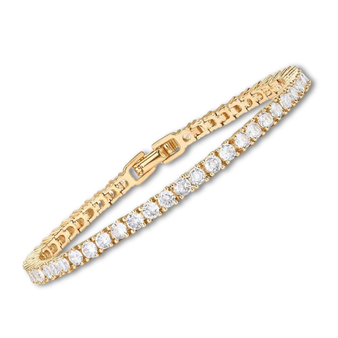 Pulseira de diamantes de ouro Moissanite Lustra™ com acabamento elegante, mostrando detalhes brilhantes e design delicado.