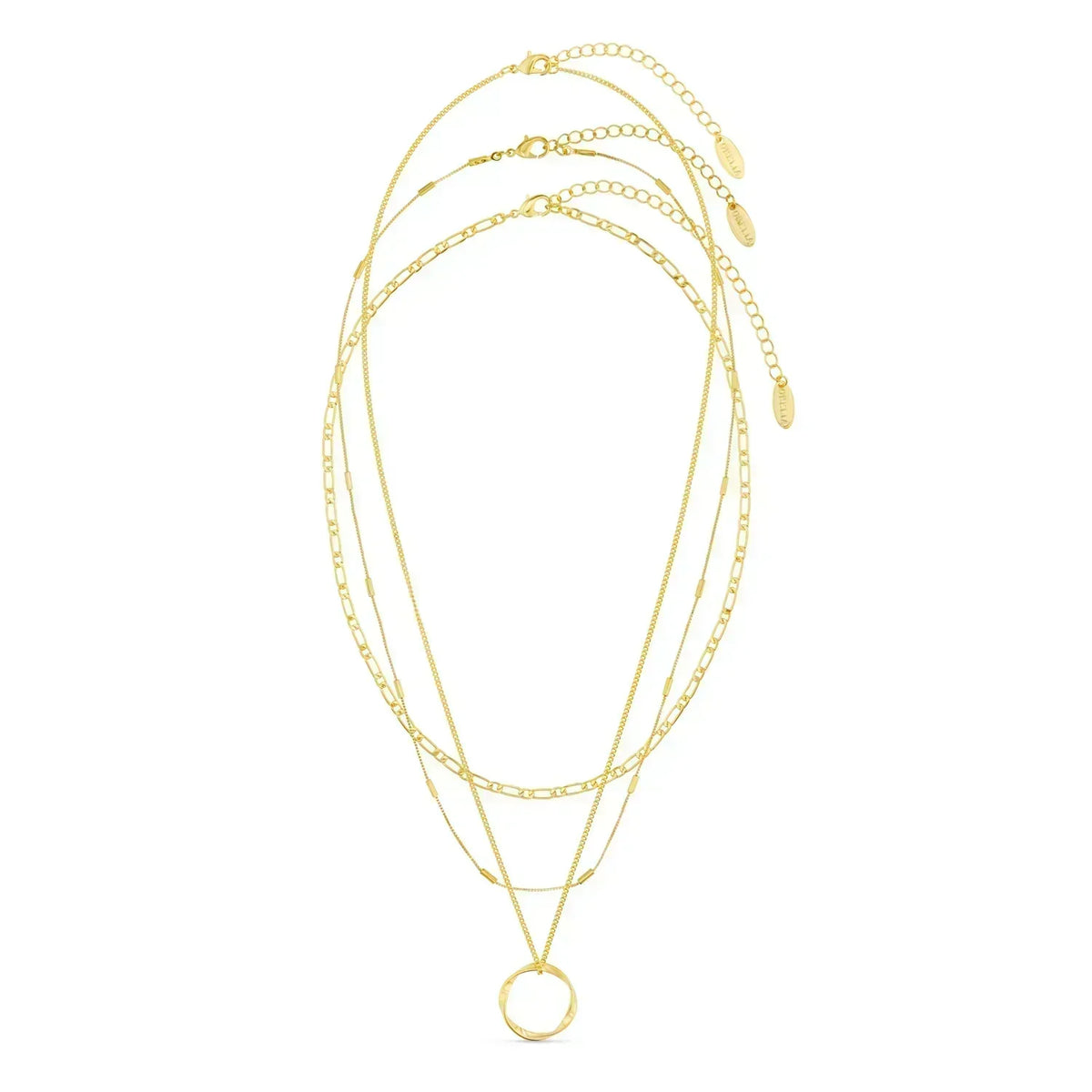 Halskette Circa™ Rose & Oliver mit offenen goldenen Kreisen in drei Reihen, im eleganten und zeitgemäßen Stil.