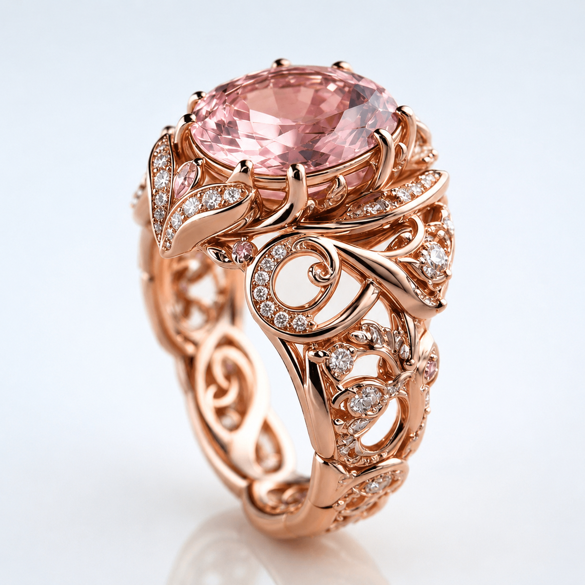 Anillo Oro Rosé con Turmalina Ornate de Rose & Oliver, detalle elaborado en oro rosado y piedra colorida.