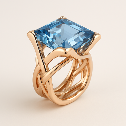 Anillo vintage Rose & Oliver con acabado rosé y circonias azules, detalles elegantes y delicados en la imagen.