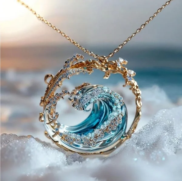 Colar Ocean's Oath da Rose & Oliver com pingente em forma de oceano, dourado, sobre fundo neutro.