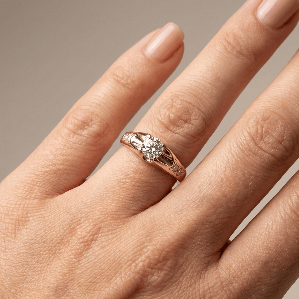 Anel de ouro rosa com zircônia solitaire da Rose & Oliver, mostrando a pedra central brilhante e acabamento elegante.