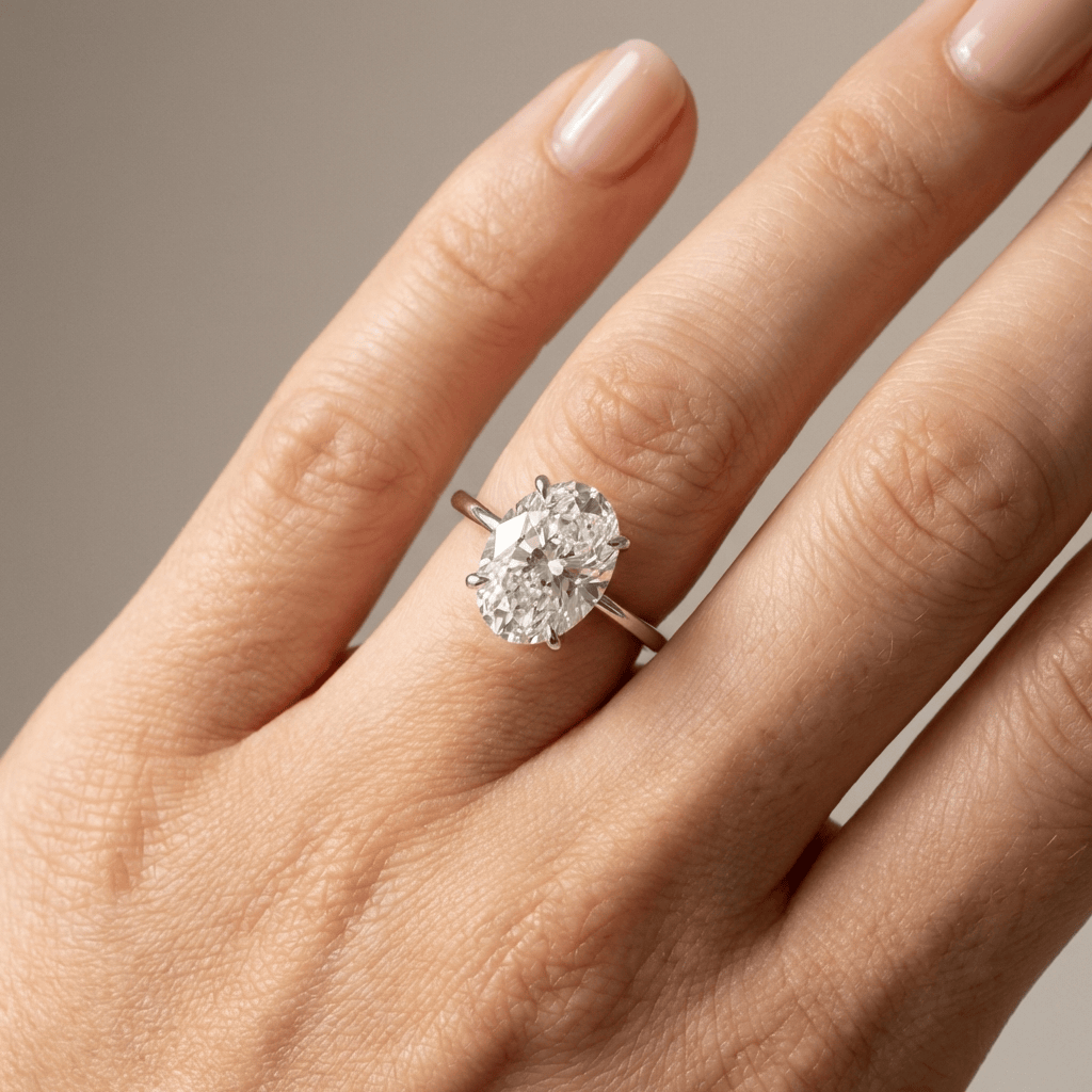 Anillo de compromiso ovalado con diamante solitaire de Rose & Oliver, plateado con detalle elegante y acabado brillante.