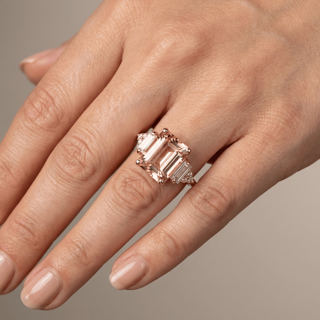 Anel de prata com três diamantes brilhantes, da marca Rose & Oliver, exibido em uma imagem detalhada e elegante.