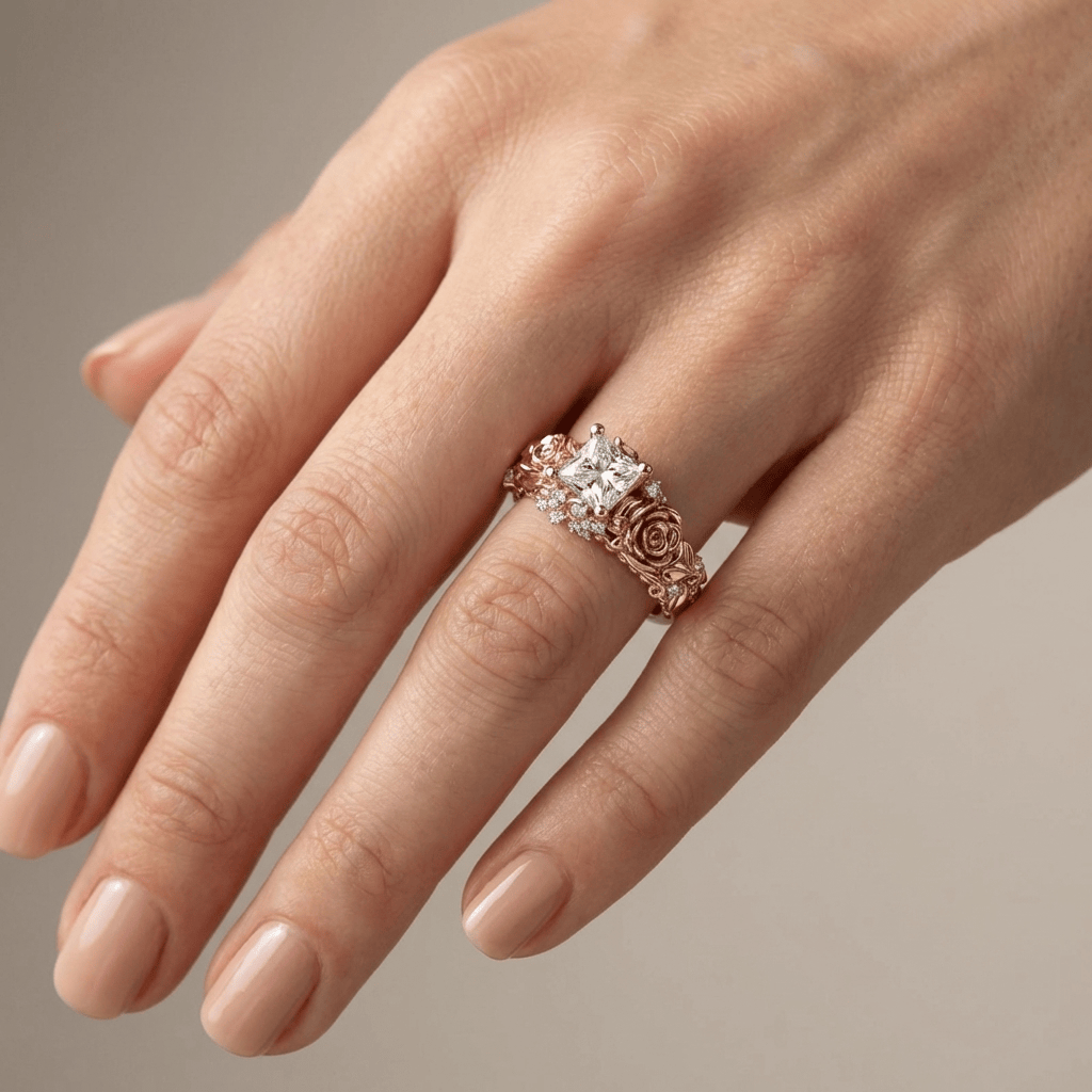 Anillo vintage Rose & Zircon de Rose & Oliver con detalles en circonita y acabado elegante, exhibido en fondo neutro.