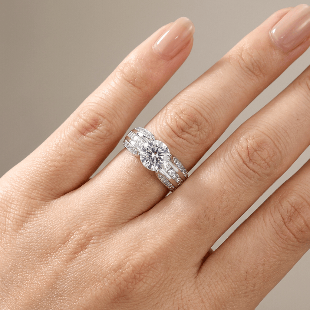 Anel de prata redondo com pavê de diamantes da Rose & Oliver, mostrando detalhes brilhantes e acabamento elegante.