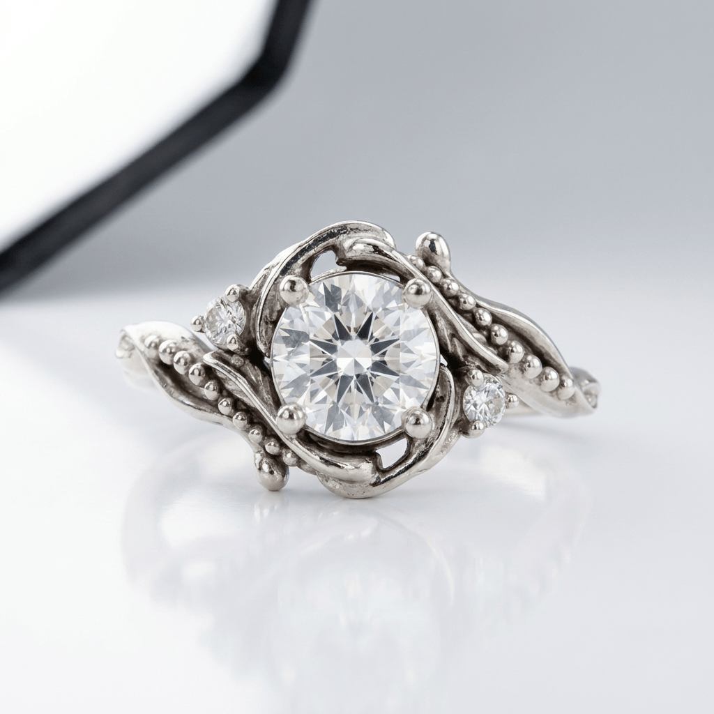 Anillo vintage dorado con detalles ornamentales en plata y diamantes, estilo clásico, de la marca Rose & Oliver.